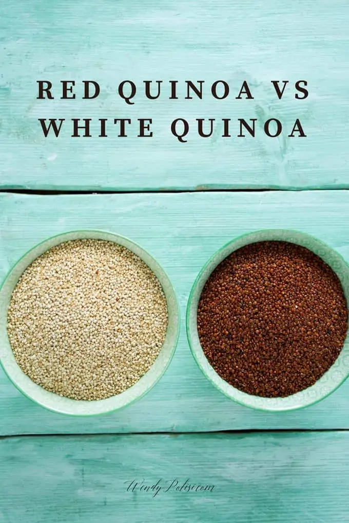 Photo of red and white quinoa with the caption Red Quinoa vs White Quinoa.