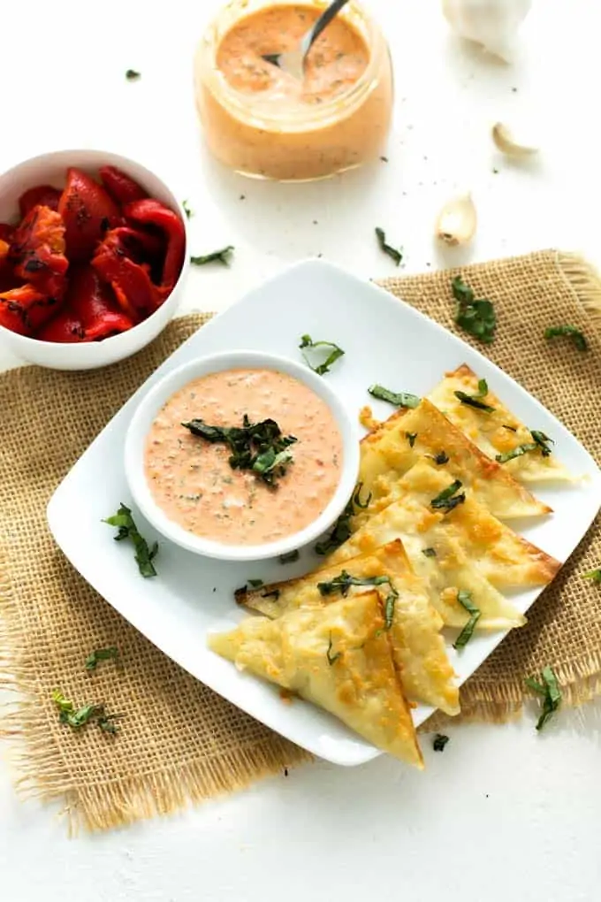 Photo of Goat Cheese Wontons with Roasted Red Pepper Garlic Sauce