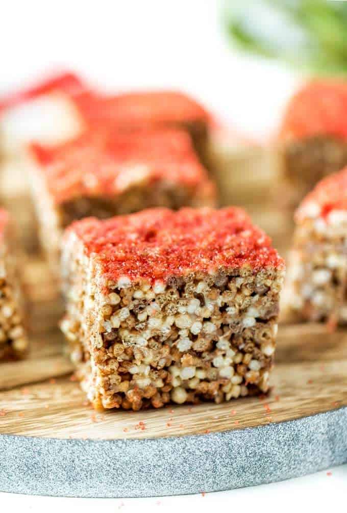 Shot of Quinoa Crispy Treat covered in red sprinkles