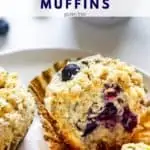 Close up photo of a blueberry quinoa muffin with the text Quinoa Blueberry Muffins above.