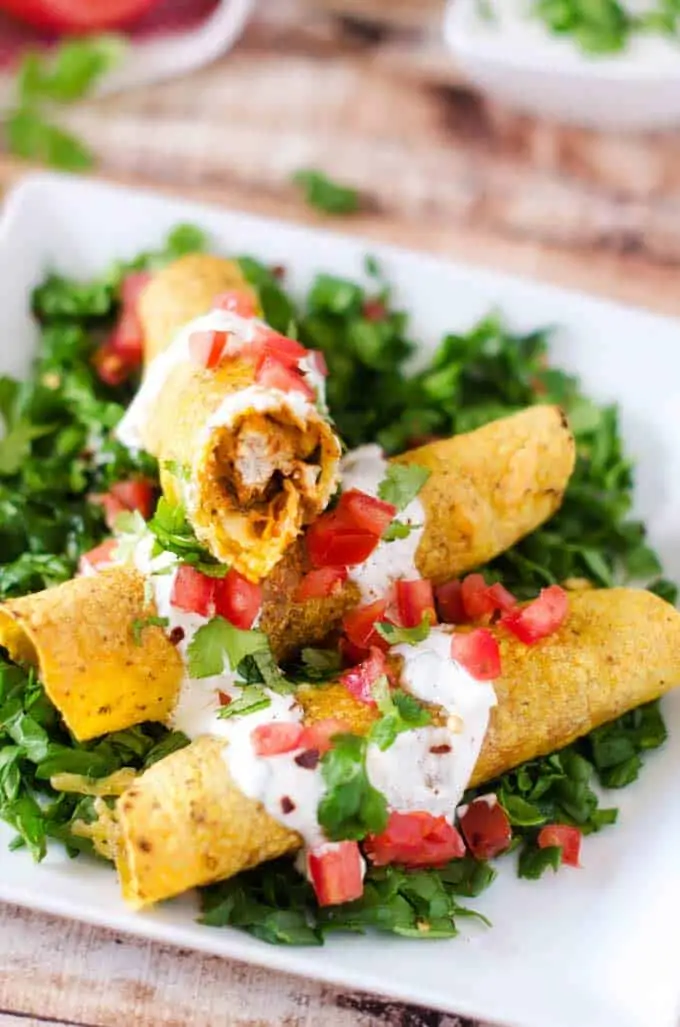 Photo of prepared Baked Chicken Taquitos Recipe with one taquito facing the camera.