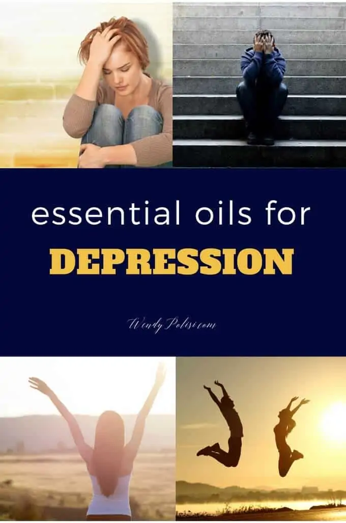 Two photos of people experiencing depression on the tip, copy that says Essential Oils for Depression in the middle and two photos of happy people at the bottom.