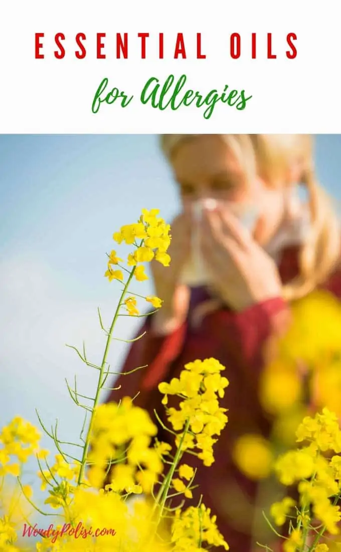 Photo of a woman sneezing behind a flower with the caption Essential Oils for Allergies