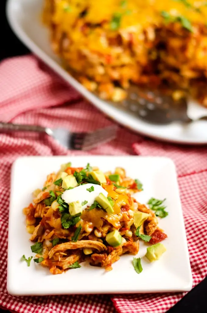 Slow Cooker Chicken Tortilla Casserole - A healthier & easy to make version of a loved classic. Gluten Free, Vegan Option