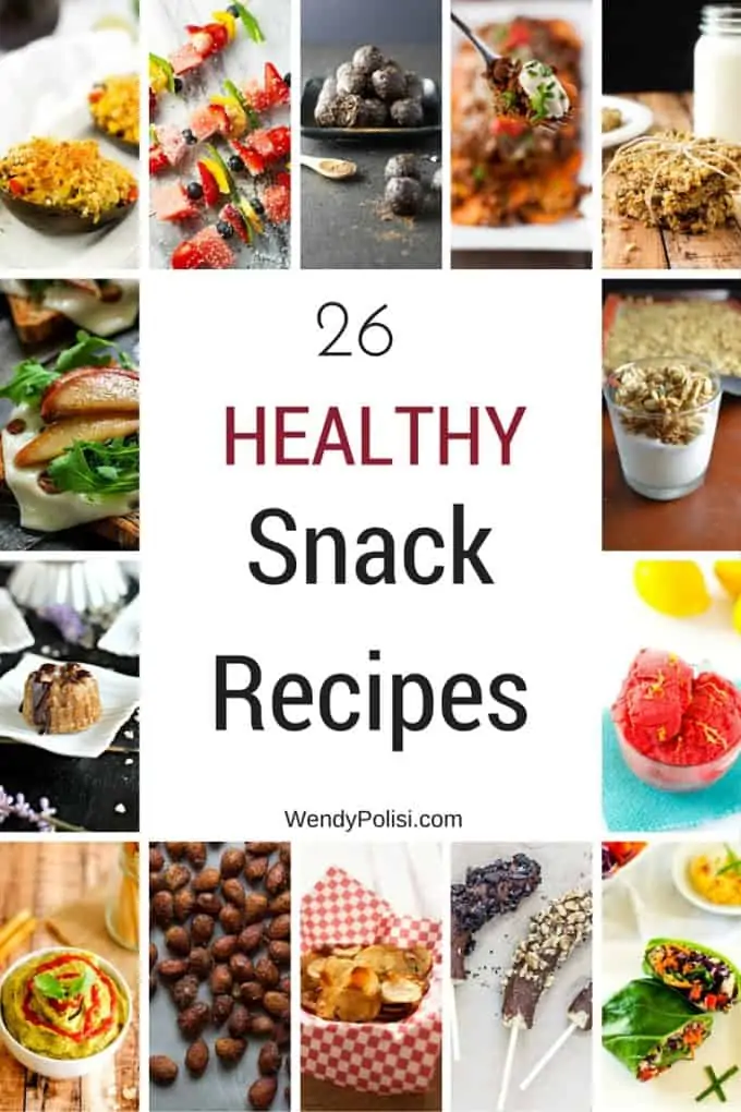 Photo of a collage of healthy snack recipes with the text 26 Healthy Snack Recipes in the center.