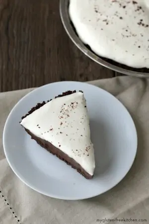 Photo of a Chocolate Cream Pie on a white plate.
