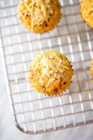 Overhead photo of Gluten Free Corn Muffins on a wire cooling wrack.