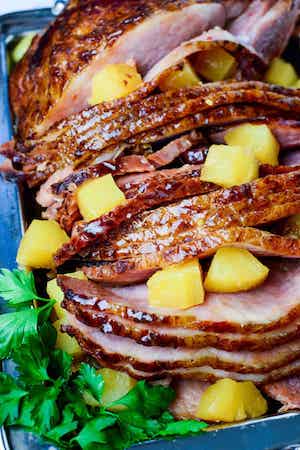 Close up photo of a Slow Cooker Brown Sugar Ginger Pineapple Ham.