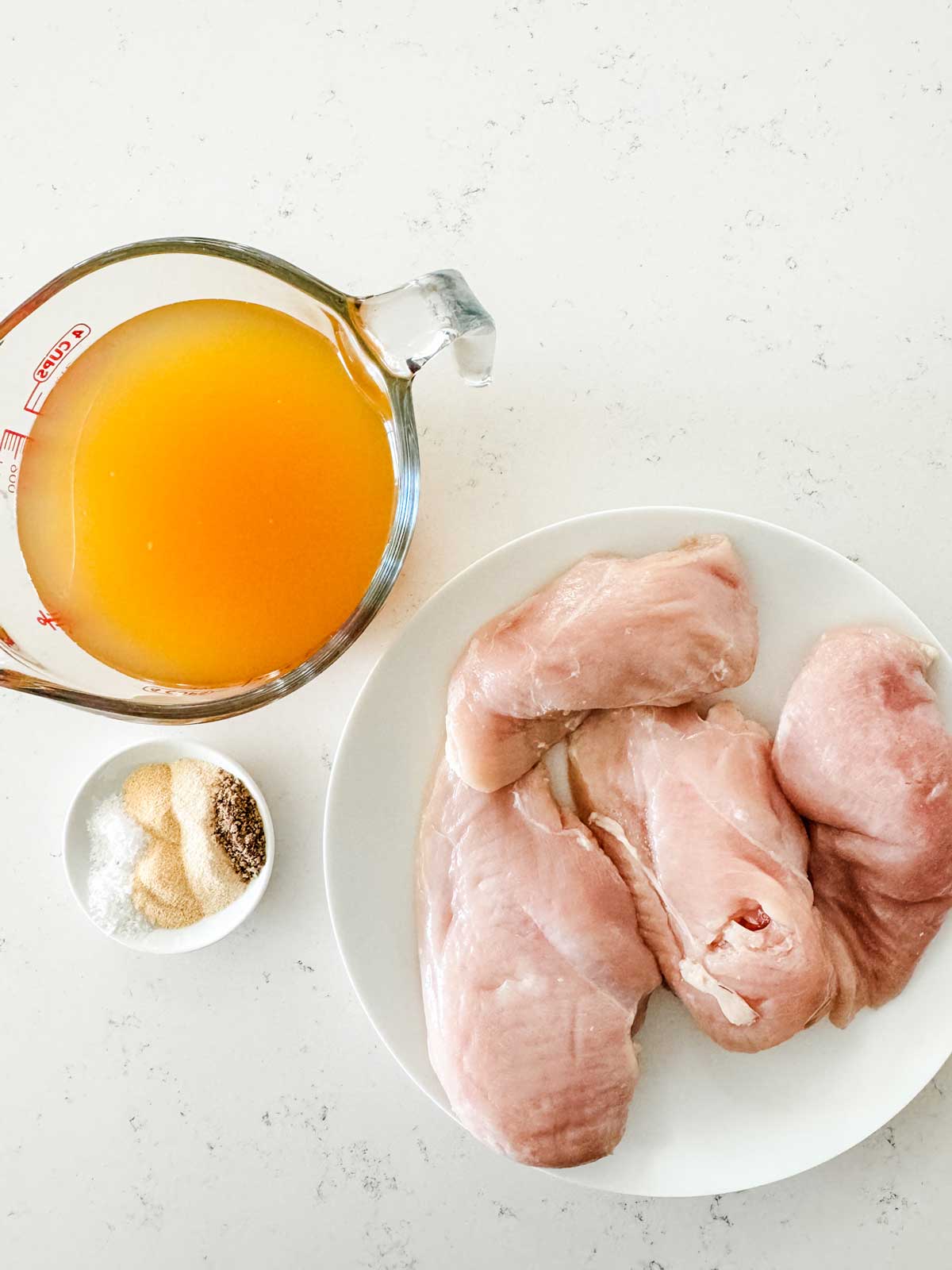 Overhead photo of boneless chicken breasts, chicken broth, and seasonings.