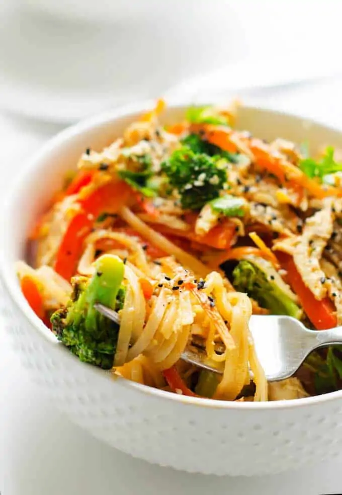 Photo of a Spicy Noodle Bowl with Chicken and Veggies with a fork full of pasta.
