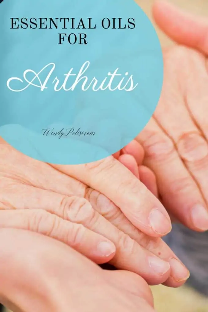 Photo of older hands in younger hands and the copy essential oils for arthritis.