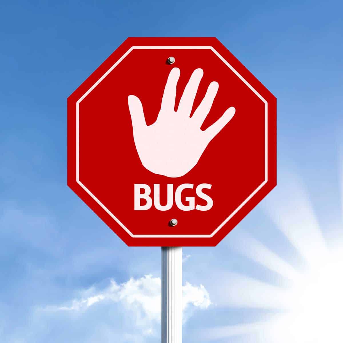 Square photo of a red sign with a hand print and the word bugs beneath it. (Stop Bugs)
