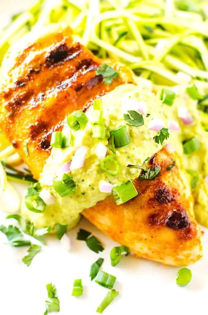 This Smokey Chicken with Avocado Sauce is not only healthy but delicious. The creamy avocado sauce is perfect served over pasta or zoodles.