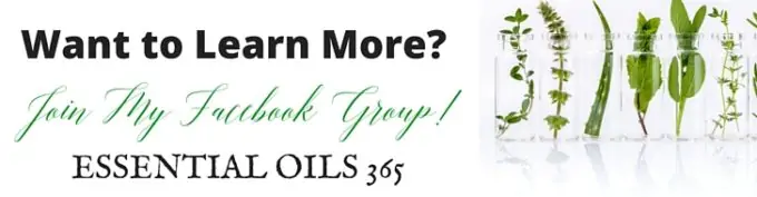 Image that says "Want to Learn More? Join My Facebook Group - Essential Oils 365" - Botanicals are to the left of the text against a white background.