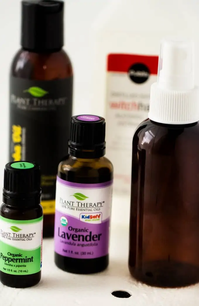 What Essential Oils are Good For Bug Bites? Here is a photo of two of the best along with ingredients to make a recipe for bug bite relief.