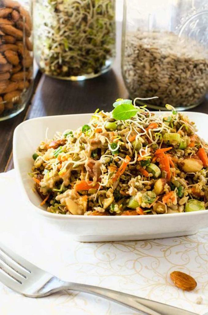 Photo of crunchy quinoa salad with jars of almonds, sprouts, and sunflower seeds behind it.
