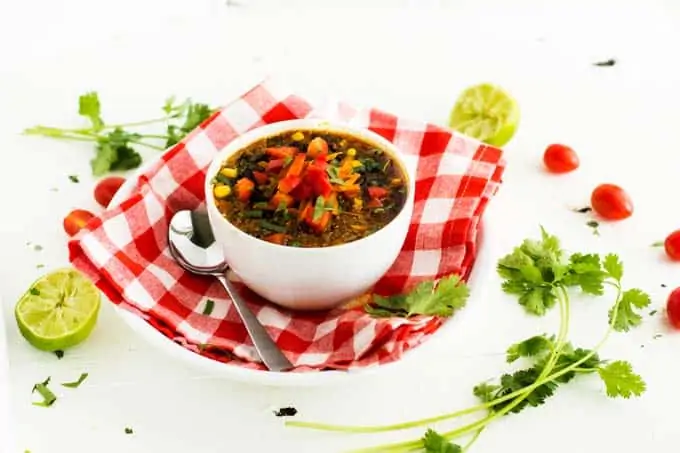 Horizontal photo of Vegan Black Bean Soup with ingredients scattered
