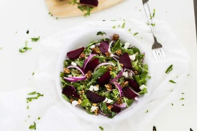 Horizontal image of Roasted Beet Salad with Goat Cheese & Quinoa