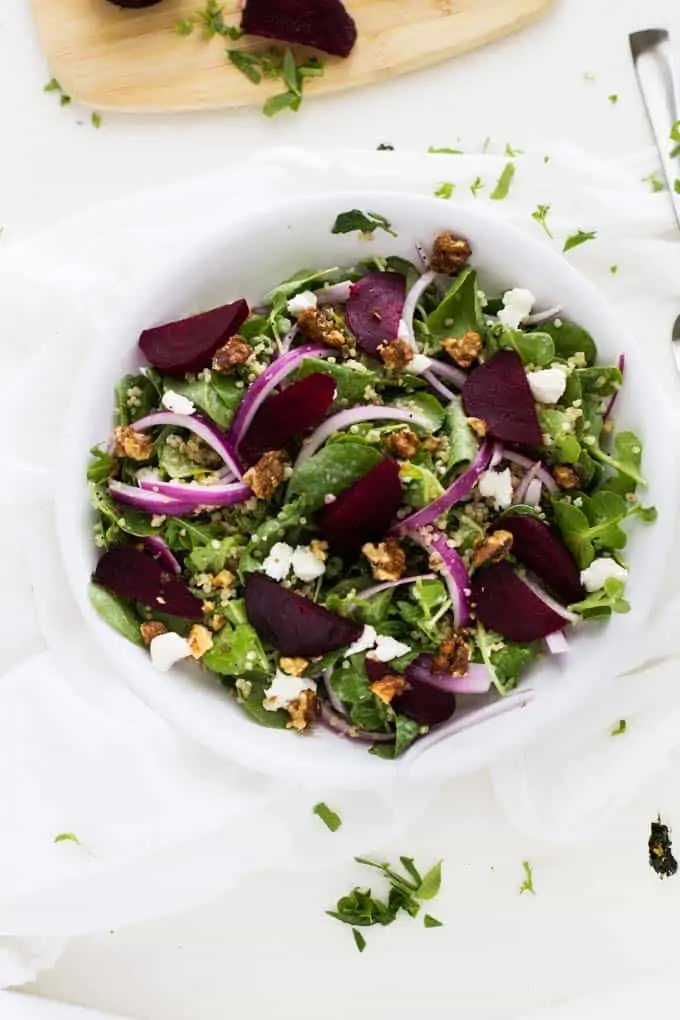 Overhead shot of Roasted Beet Salad with Goat Cheese & Quinoa