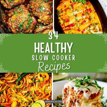 Photo collage of four different slow cooker recipes with the text in the center that says 34 healthy slow cooker recipes.