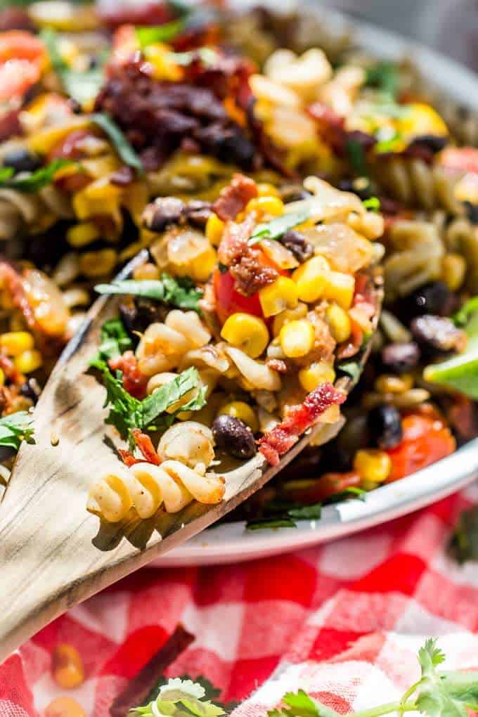 Close up of a spoon with Gluten Free Southwestern Pasta