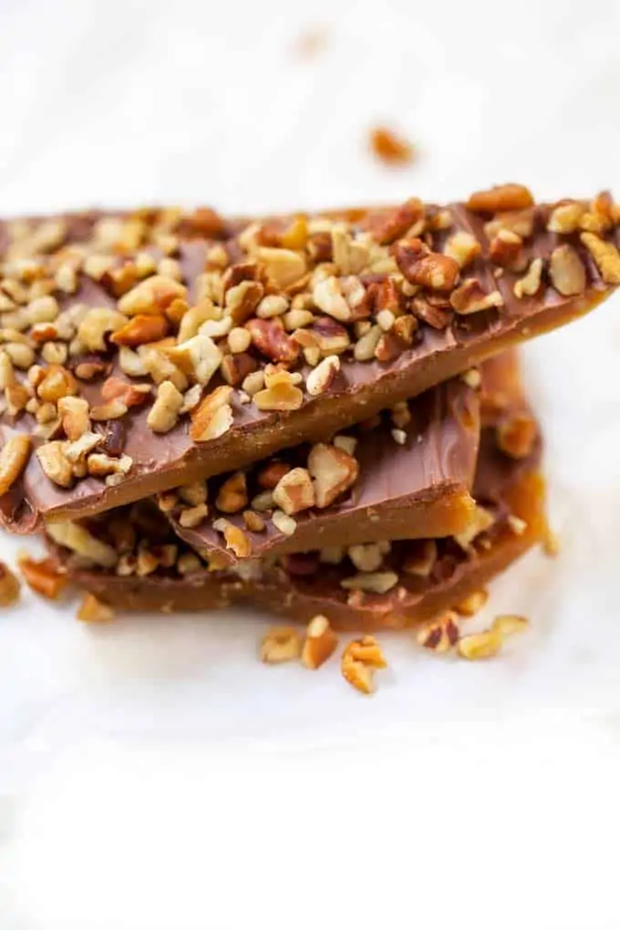 Close up shot of Chocolate Toffee with Pecans