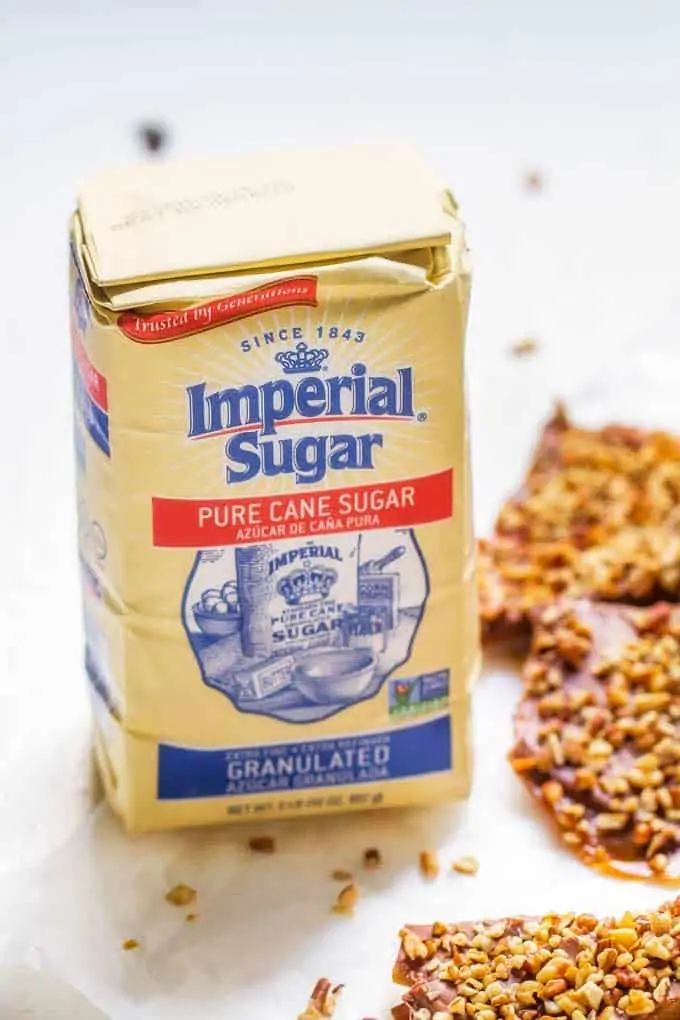 Imperial Sugar with Chocolate Toffee with Pecans in the background