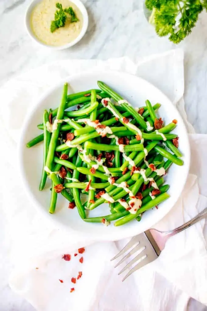 Overhead shot of Green Beans with Bacon