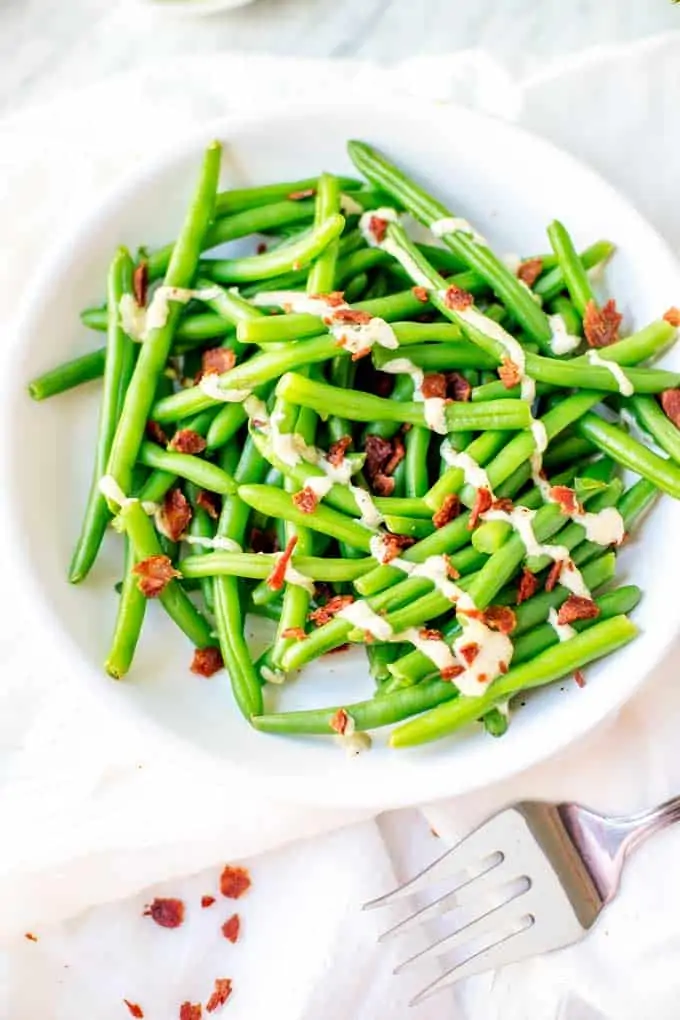 Close up shot of Green Beans with Bacon