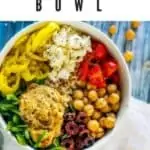 Photo of a Mediterranean Bowl made in a white bowl sitting on a blue background with the text "Mediterranean Bowl" above.