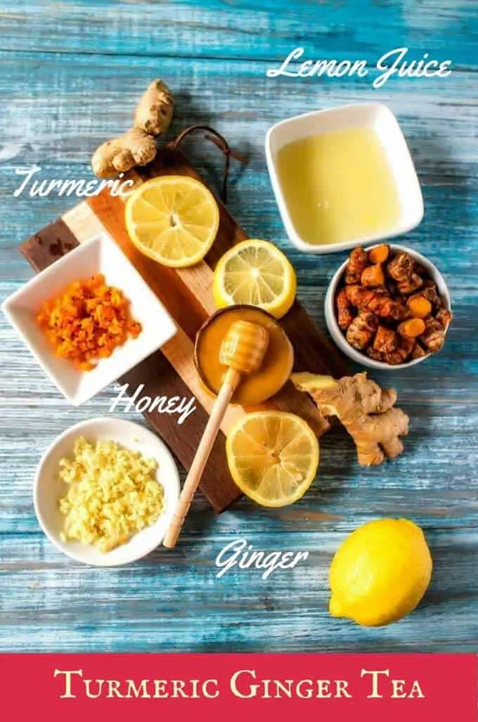 Photo of ingredients for a turmeric ginger tea recipe with labels.