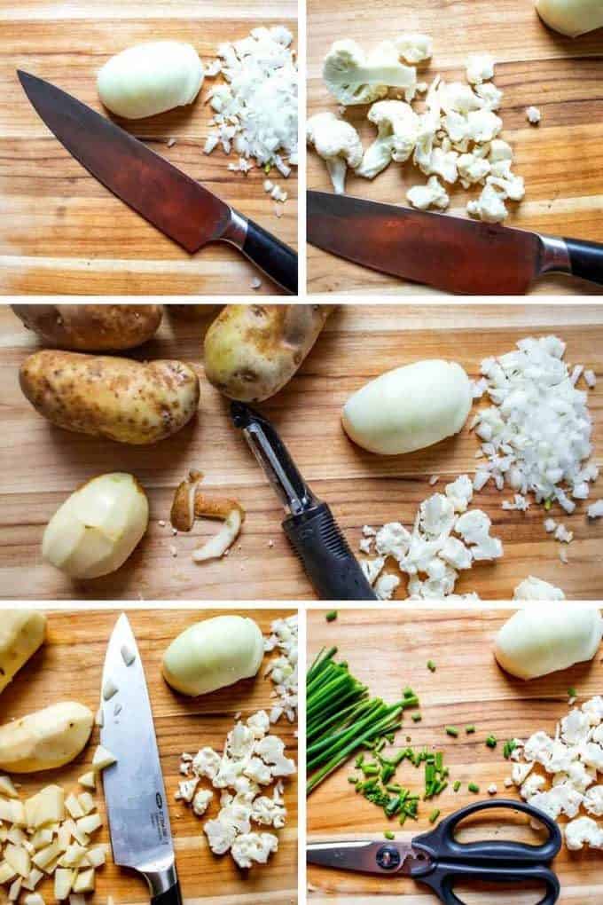 Collage of the prep work for Cauliflower Potato Soup. Photo of onions and cauliflower being chopped, potatoes being peeled and chopped and chives being trimmed.