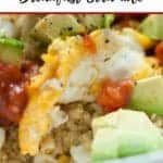 Photo of quinoa, eggs, avocado, and salsa with the text above that says Quinoa Breakfast Scramble.