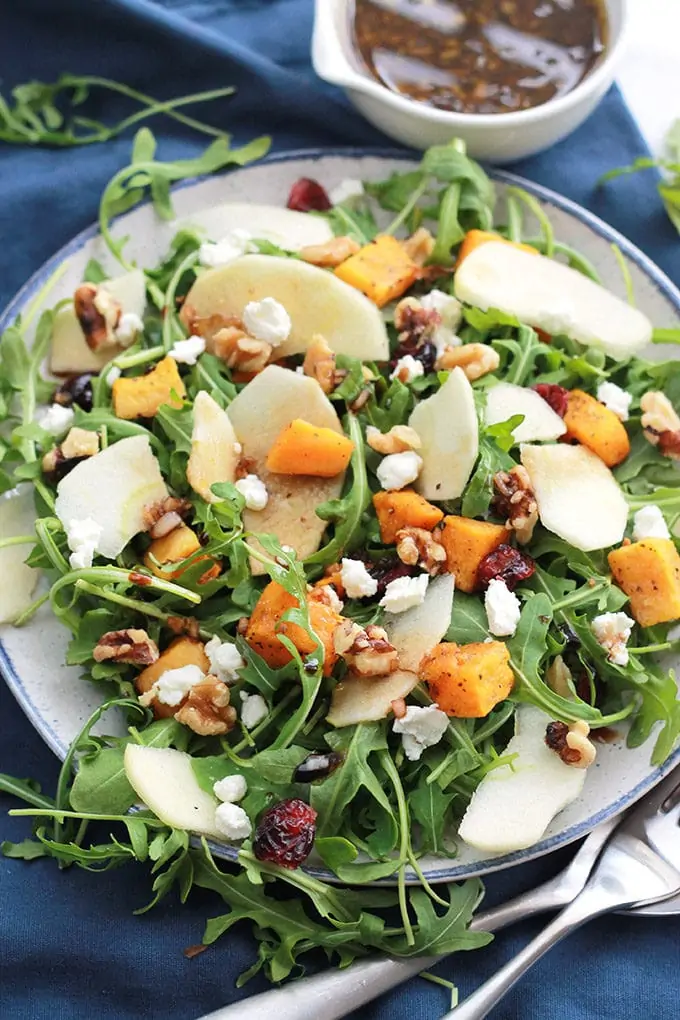 Butternut Apple Arugula Salad with Balsamic Dressing loaded with tender roasted butternut, crisp sliced apple, spicy arugula, sprinkled with dried cranberries, walnuts, and creamy goat cheese.