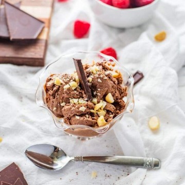 Photo of homemade chocolate ice cream in a glass dish on a white background.