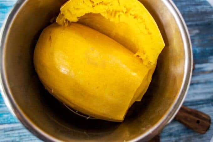 Third process photo for Instant Pot Spaghetti Squash. Photo of Spaghetti Squash that has cooked in a pressure cooker.