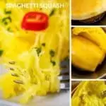 Photo of Instant Pot Spaghetti Squash on a white plate on the left hand side with three process photos on the right hand side.