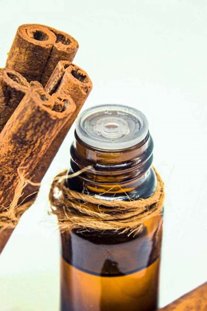 Photo of a bottle of cinnamon essential oil with cinnamon sticks next to it.