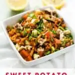Photo of Sweet Potato Rice in a white bowl with the text "Sweet Potato Rice" Beneath it.