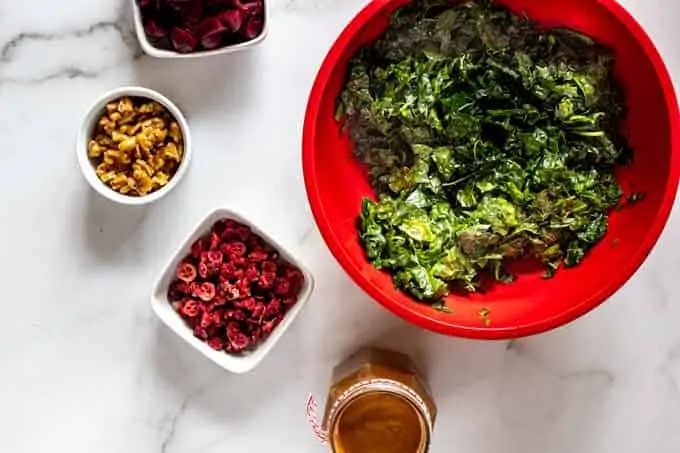 Phot of a red bowl with massaged kale with a jar of balsamic vinaigrette and white bowls with cranberries, pecans, and roasted beets next to it.