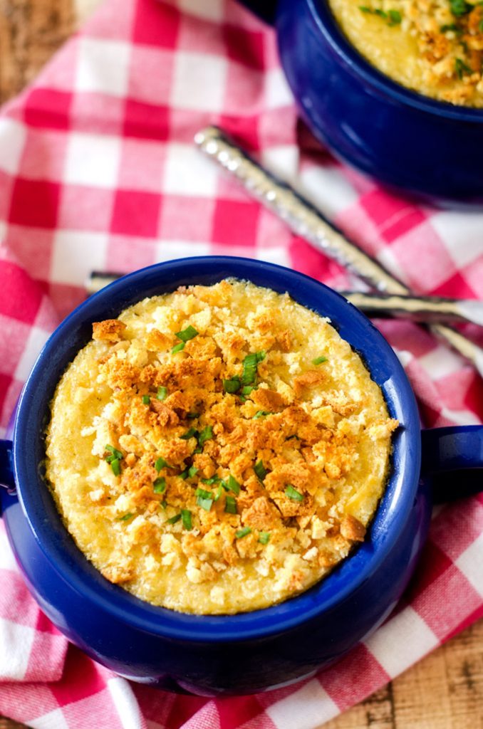 Overhead photo of quinoa mac and cheese in a blue crock.