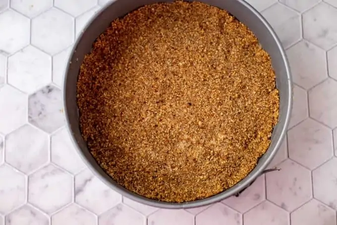 Photo of a pecan crust in a springform pan.