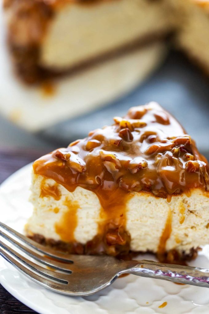 Photo of a slice of maple cheesecake.