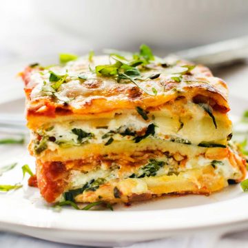 Square side photo of gluten free vegetarian lasagna.