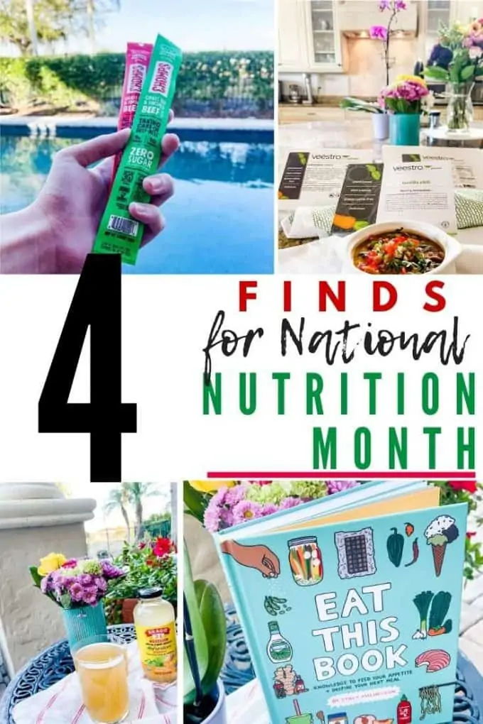Photo of meat sticks, vegan chili, Bragg Refereshers and a book wiht the text in the center that says 4 finds for national nutrition month.