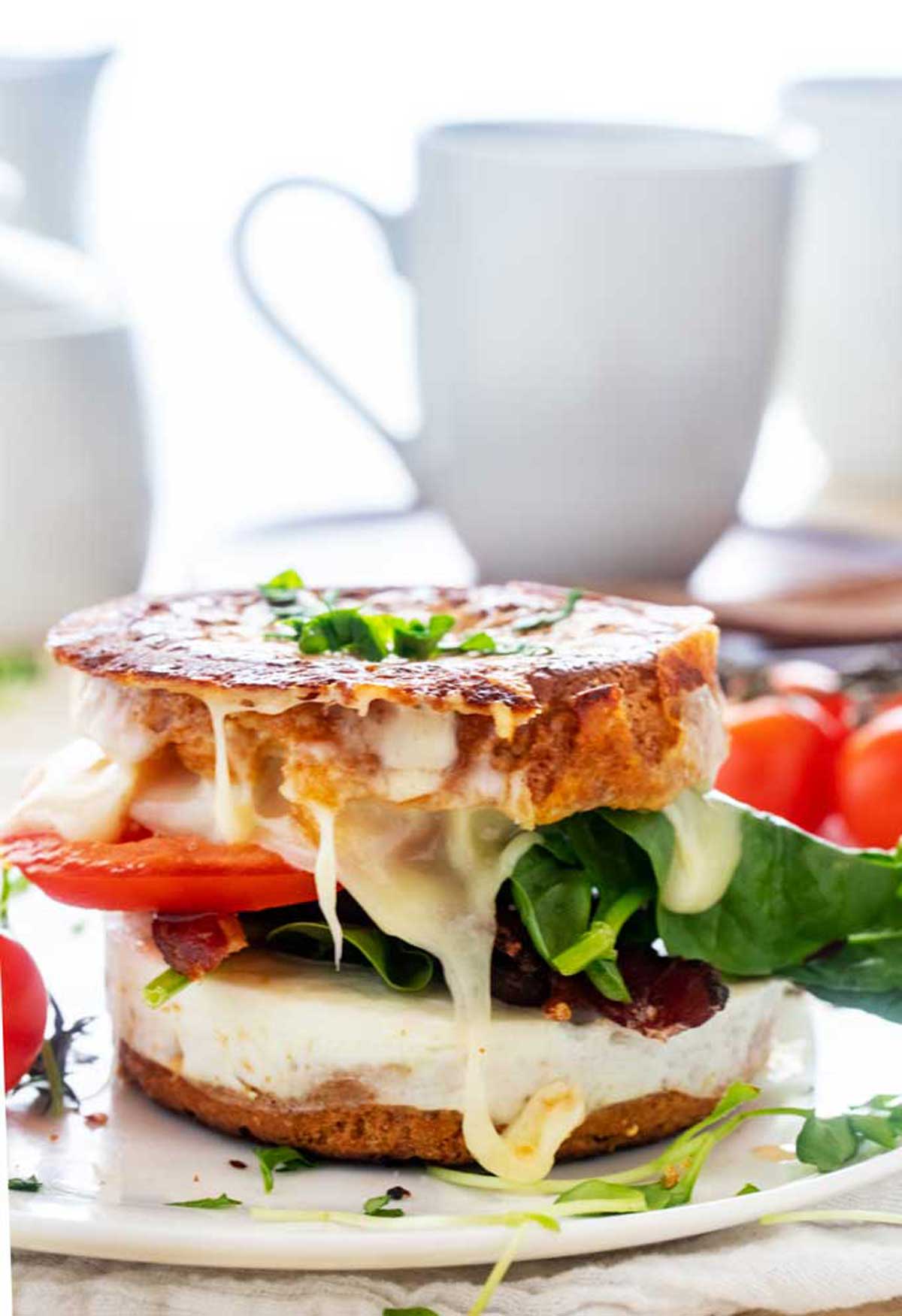 Side photo of a gluten free breakfast sandwich on a white plate.