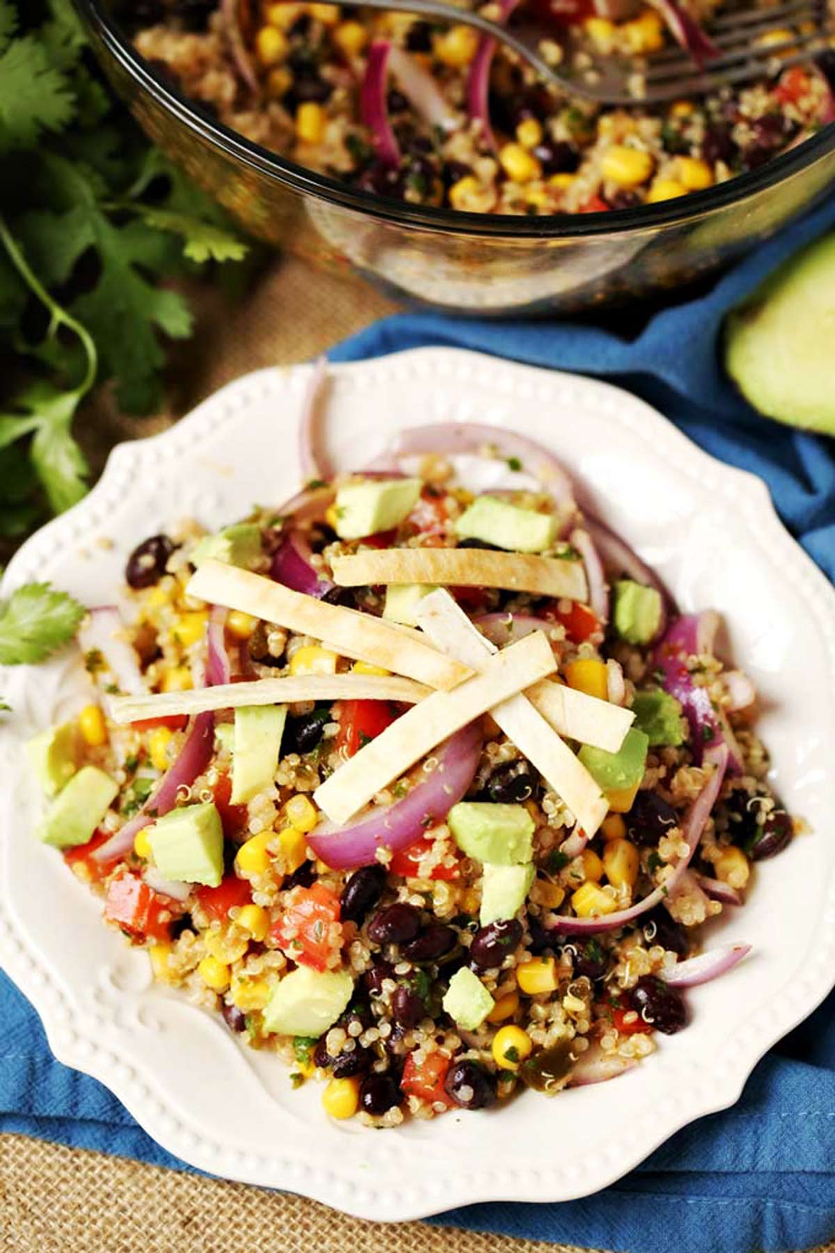 Close up photo of a plate of Mexican Quinoa Salad.