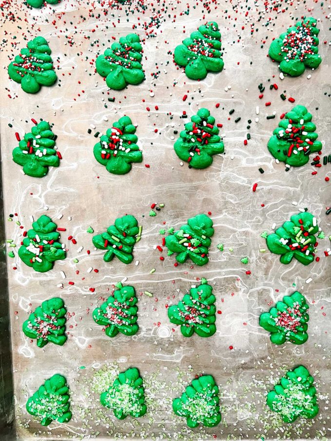 Photo of green Christmas tree gluten free spritz cookies.