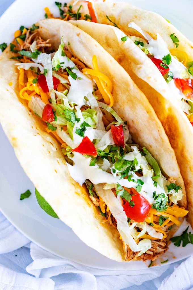 Close up photo of Instant Pot Chicken Tacos.
