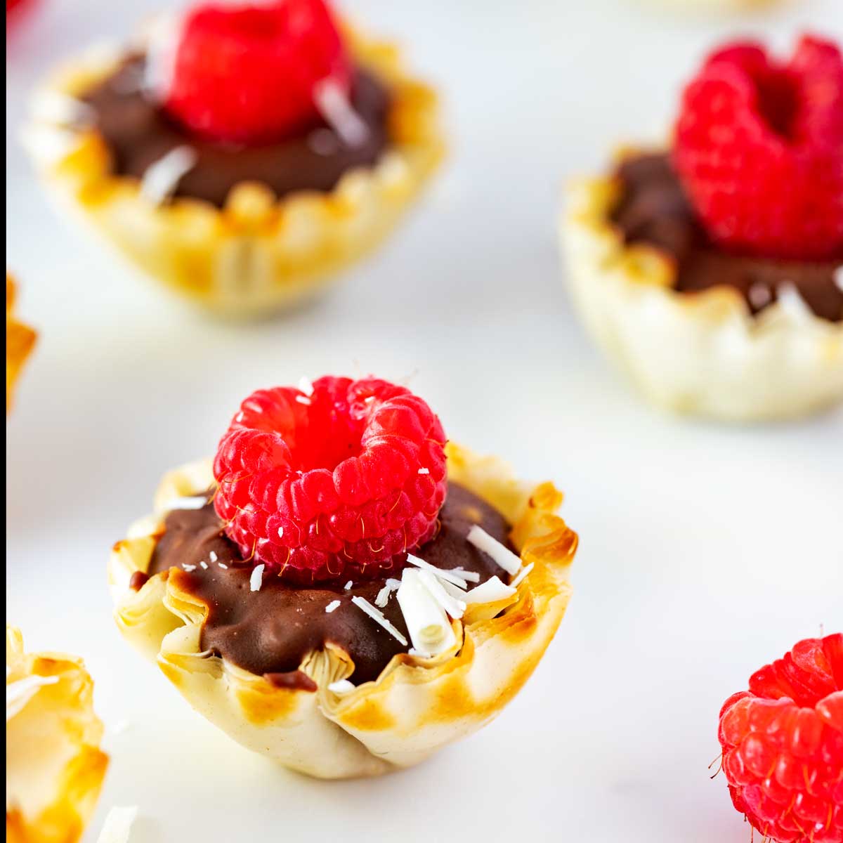 Close up square photo of mini chocolate tarts.